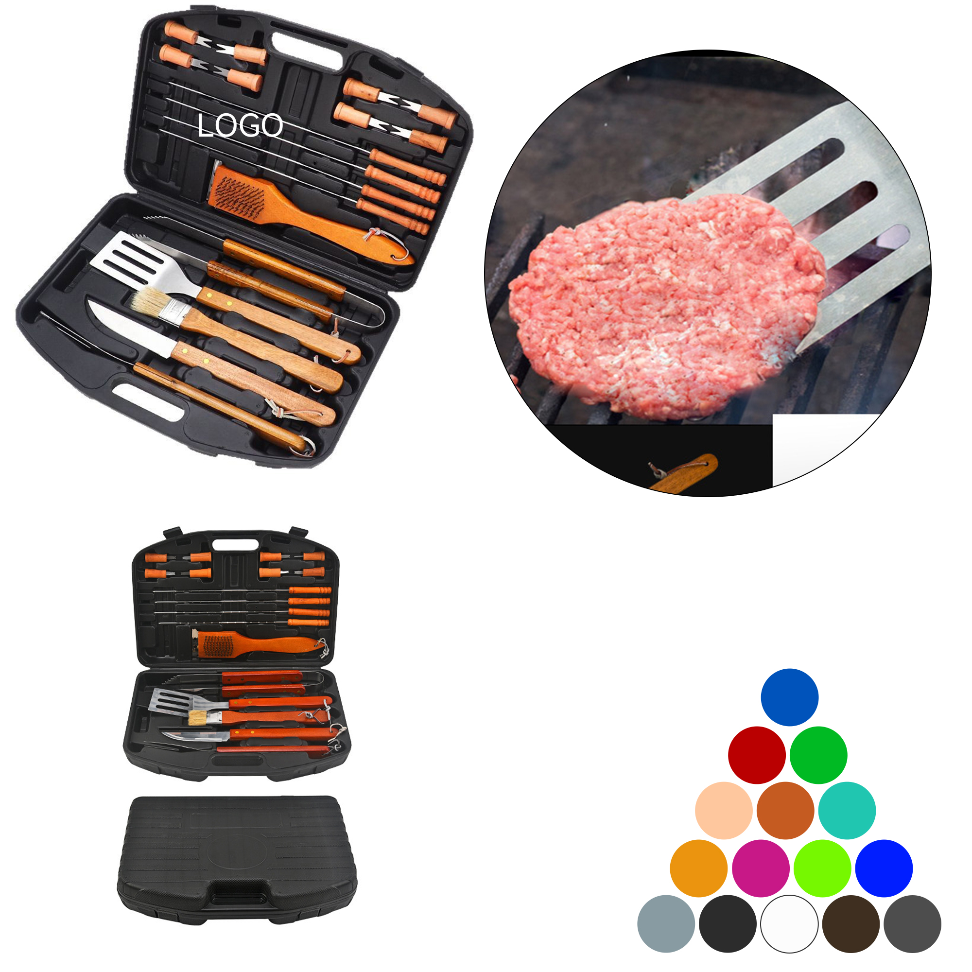 526323 18 Pieces Wood BBQ Utensils with Carrying Case - Image 1